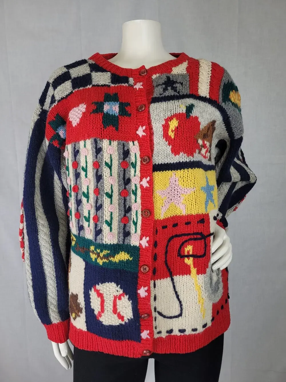 VTG 1990s The Eagle's Eye Wool Patchwork Hand-Knit Cardigan Women's Sz L